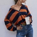 Women's loose knit polo shirt with orange and navy blue wide stripes and long sleeves - S / Orange Blue