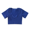 Top corto da yoga senza cuciture blu navy con scollo a V profondo e trama a costine - G9215 Blu Navy - Manica Corta / S