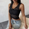 Caraco en dentelle noire ajusté pour femme avec nœud en ruban et bords volantés - S / Noir