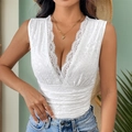 White sleeveless deep V-neck bodysuit in eyelash lace with high-waist slimming detail - S / White