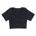 Top corto da yoga senza cuciture a coste nere da donna con scollo a V e maniche corte - Taglia S / Top / Nero