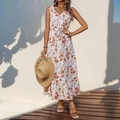 Abito lungo floreale senza maniche con scollo a V, coulisse in vita e gonna a balze - S / Bianco
