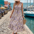 Abito lungo a fiori senza maniche con scollo a V viola e grigio per vacanze estive - S / Marrone Caffè