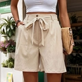 Pantaloncini beige donna a vita alta con cintura a fiocco e tasche laterali capienti - S / Albicocca