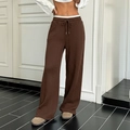 Damen Strickhose in Braun mit weitem Bein, hohem Bund und Tunnelzug-Detail - S / Kaffeebraun