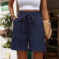 Dark blue high waist casual shorts featuring a bow tie belt and side pockets - Navy Blue