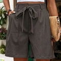 Dark gray high-waisted cotton linen shorts with a stylish bow belt and button detail - Dark Gray