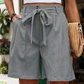 Women's casual high waist grey cotton shorts with bow belt and pleated front detail - Light Gray