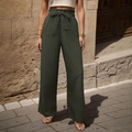 Pantaloni a gamba larga verde scuro a vita alta con fiocco e trama a pieghe verticali - Taglia S / Verde militare