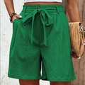 Women's emerald green high-waisted shorts with cotton linen texture and bow tie belt - Dark Green