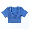 Top corto blu a costine senza cuciture da donna con scollo a V profondo e maniche corte - Taglia S / Top / Blu