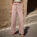 Pantaloni rosa a vita alta plissettati a gamba larga con fiocco regolabile da donna - Taglia S / Blu Chiaro