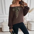 Brauner schulterfreier Strickpullover mit Leopardenmuster-Schleife und Laternenärmeln - S / Braun