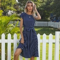 Navy blue polka dot pleated midi dress with short sleeves and adjustable waist tie belt - S / Royal Blue