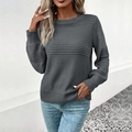 Women's dark grey crew neck sweater with horizontal ribbed details and soft knit texture - Dark Gray