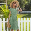 Green polka dot retro dress with a pleated skirt and matching waist tie belt - S / Mint Green