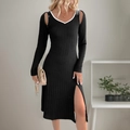 Slim fit black knitted V-neck dress with white contrast trim and side split detail - S / Black