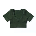 Top corto da yoga senza cuciture a coste con scollo a V verde scuro elasticizzato - Taglia S / Top / Verde militare