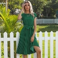 Emerald green polka dot midi dress with short sleeves and pleated waist tie detail - S / Green