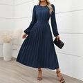 Elegant navy blue pleated long-sleeve dress with a matching waist belt for women - S / Navy Blue