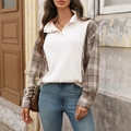 Dames sweatshirt met strepen, geruite mouwen en polokraag met metalen knopen - S / Tops / Beige