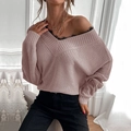 Rosafarbener Strickpullover mit V-Ausschnitt, schwarzer Spitze und lockeren Bischofsärmeln - S / Rosa