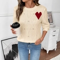 Jersey de punto crema con bordado de corazón rojo y patrones calados de manga larga - S / Albaricoque