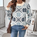 Women's knit sweater featuring blue snowflake jacquard pattern and ribbed round neckline - S / Blue