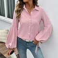 Pink and white striped blouse with puff lantern sleeves and ribbon ties on cuffs - S / Red