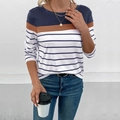 Maglia da donna a maniche lunghe con girocollo e patchwork a righe blu navy e marroni - S / Blu Notte