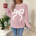 Pull en maille rose avec motif nœud blanc et manches longues pour femmes en coupe ample - S / Rose