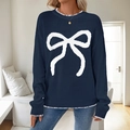 Pull en tricot bleu marine avec grand nœud blanc et coutures contrastées pour femme - S / Bleu Marine