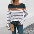 T-shirt da donna a maniche lunghe a righe con design color block verde scuro e marrone - S / Verde Scuro