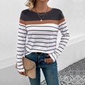 T-shirt da donna a maniche lunghe con girocollo e design patchwork a righe grigie - S / grigio scuro