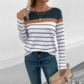 Women stripe long sleeve T-shirt with green brown color block and round neck - Army Green