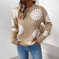 Women's khaki knit sweater with white daisy patterns and casual loose fit design - S / Khaki