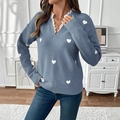 Pull en maille bleu-gris à col en V avec motif de cœur blanc et dentelle délicate - S / Bleu