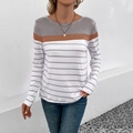 Women's crew neck long sleeve top featuring grey color block and fine striped pattern - Light Gray