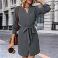 Abito a camicia grigio scuro con scollo a V, maniche lunghe, cintura e bottoni frontali - M / grigio scuro