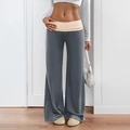 Women's dark grey wide-leg sweatpants with a beige fold-over waistband and low waist - Grey Apricot