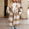 Manteau en laine à carreaux pour femmes avec double boutonnage et col à revers d'hiver - L / Hauts / Kaki