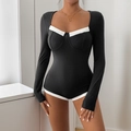 Long sleeve knit bodysuit for women in black with white contrast square neck trim - L / Black