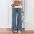 Women's wide-leg pants in blue-grey with a contrasting pink fold-over waistband detail - Teal Blue