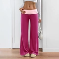 Women's wide leg casual pants in rose pink with a light pink fold-over waistband design - Rose Red