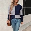 Women's crewneck sweatshirt featuring grey and navy blue geometric color-block texture - Navy Blue