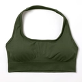 Deep green seamless yoga sports bra with U-neck and ribbed hem in a flat lay view - G9510 Military Green Halter Neck Bra / S
