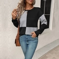 Women's crew neck long sleeve top with black and grey color block texture design - Black