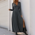 Vestido largo gris oscuro con cuello en V, encaje, talle alto y abertura lateral - S / gris oscuro