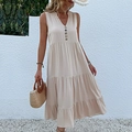 Sleeveless V-neck maxi dress in cream beige with tiered cake skirt and button detail - S / Apricot