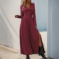 Vestido elegante color vino tinto con encaje, cuello en V, manga larga y abertura alta - S / Burdeos